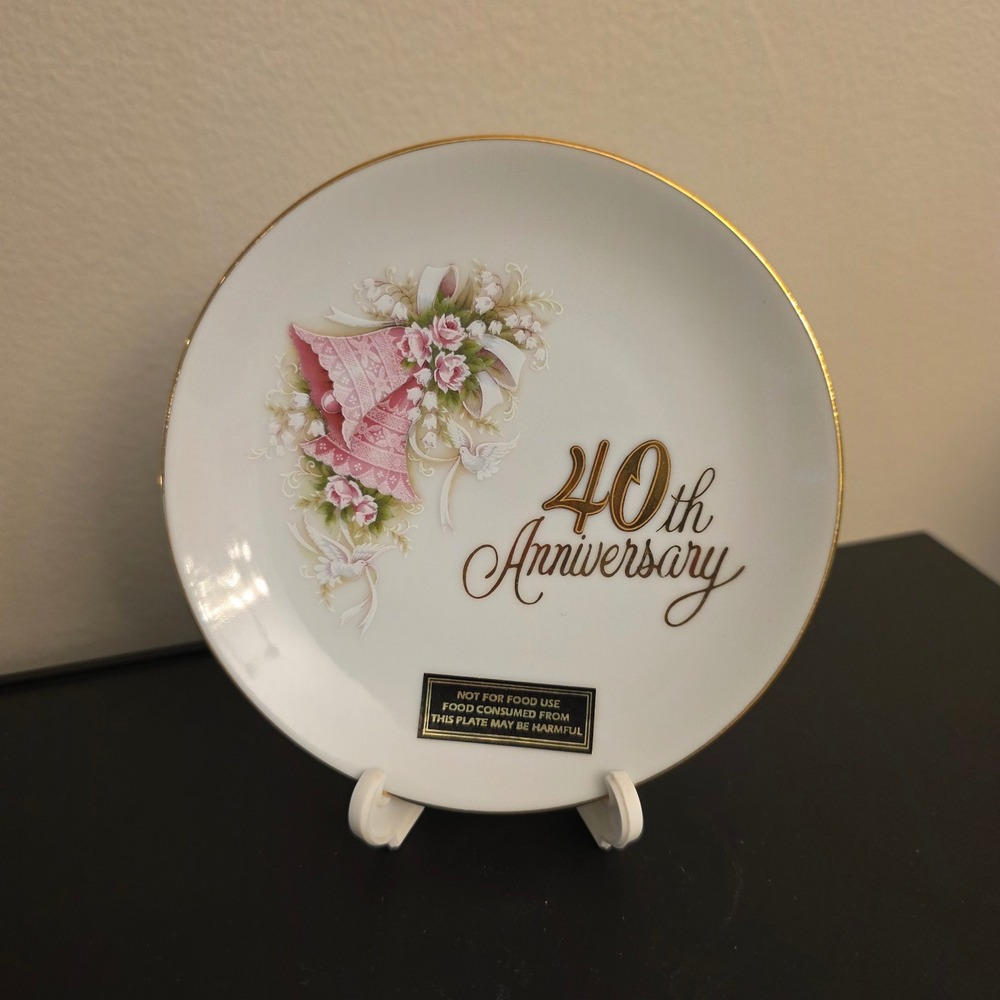 Vintage 1988 Enesco 40th Anniversary Decorative Plate Gold Trim Japan 4.5" Gift